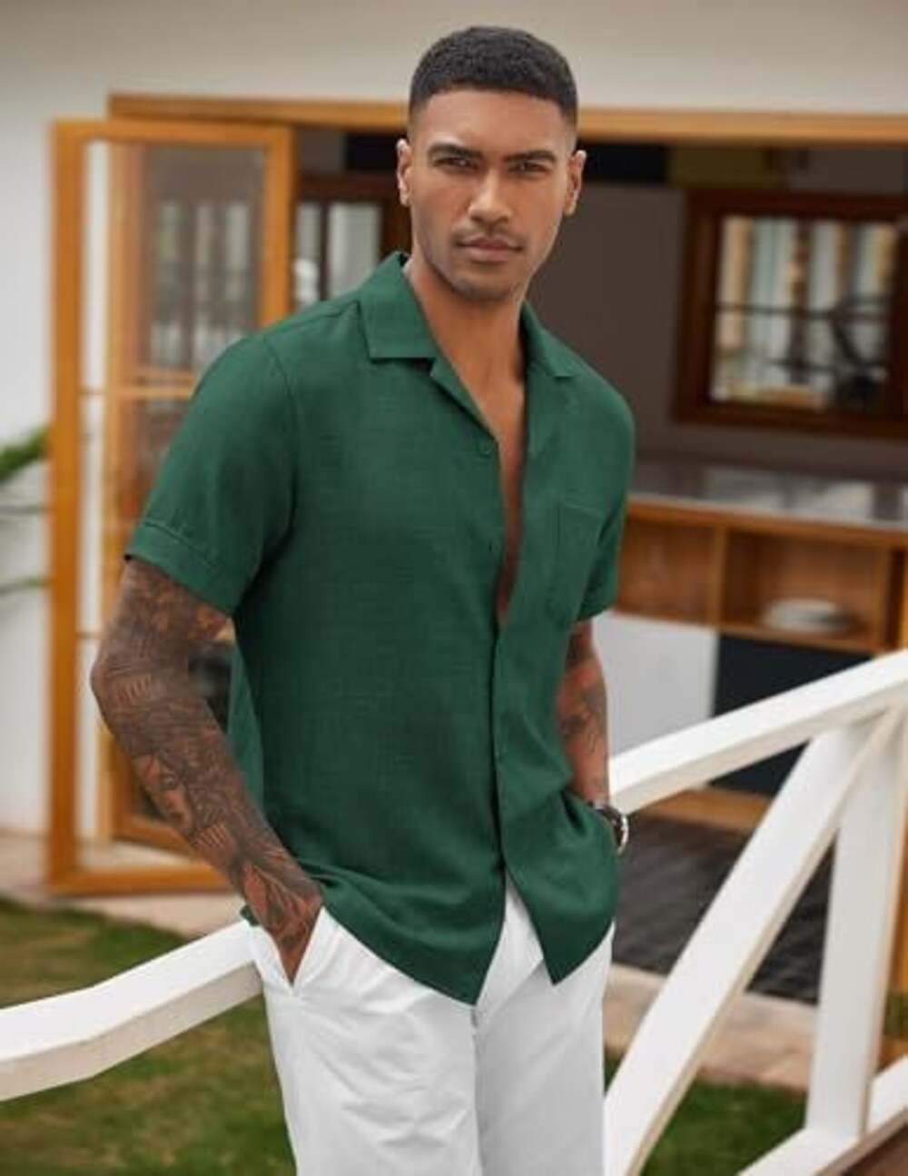 Men's Casual Short Sleeve Button Down Textured Shirt in Green